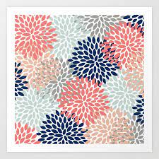 Aqua and coral floral pattern. Floral Bloom Print Living Coral Pale Aqua Blue Gray Navy Art Print By Megan Morris Society6