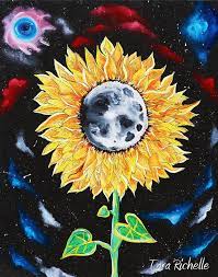Moonflowers Sunflower Painting Moon Space Galaxies Stars Wall Art Home Decor Moon Flower Original Painting Out Hippie Painting Art Sunflower Painting