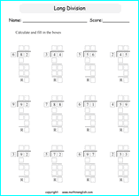 printable long and tail division worksheets and exercises for grade 4 and 5 math students