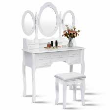 Single vanity with makeup area vidhit co. Costway White Tri Folding Oval Wood Vanity Makeup Table Set 7 Drawers Walmart Com Walmart Com