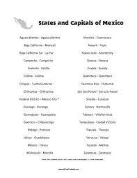 Free Printable States And Capitals Of Mexico List States And Capitals State Capitals Quiz Kids Worksheets Printables