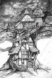 Vector coloring page with cute fluffy sheep, a tree and a house on the hill. Igor Andre House Colouring Pages Drawings Art