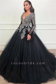 Black Ball Gown Prom Dress Beautiful V Neck Appliques Ball Gown Prom Dress In 2020 Black Ball Gown Prom Dresses Long With Sleeves Black Wedding Dresses