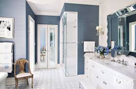 Bathroom and powder room wallpaper for walls: Traditional Blue Bathroom With Grasscloth Wallcovering Luxe Interiors Design