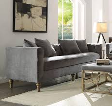 This plush design is sleek but inviting, making the perfect anchor for any room that is built for entertaining. Gray Velvet Tufted Sofa W 4 Pillows 53580 Sidonia Acme Vintage Traditional Sidonia 53580
