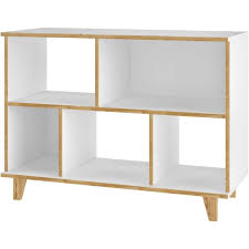 This series is made of e1 particle board and manufactured in malaysia. Manhattan Comfort Minetta 5 Shelf Mid Century Low Bookcase In White Unlimited Furniture