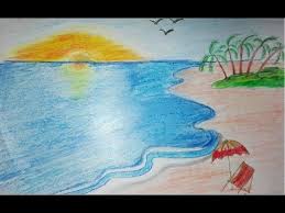 How To Draw A Scenery Of Sea Beach Draw Beach Scenery For Kids Very Easy Beach Drawing Beach Scenery Drawings