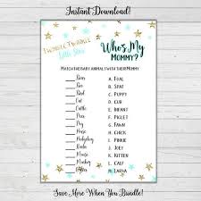 Baby Animals Matching Baby Shower Game Mint And Gold Stars Etsy Baby Shower Games Star Baby Showers Virtual Baby Shower