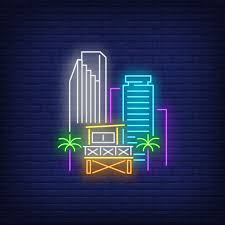 The citi bike program is operated by decobike llc and is miami's bike sharing and rental system. Free Vector Miami City Skyscrapers And Lifeguard Station Neon Sign Beach Tourism Travel