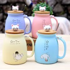 Best Cartoon Ceramics Cat Mug With Lid Spoon And Handle Coffee Milk Tea Mugs New Cplife Mugs Cat Coffee Mug Cat Coffee