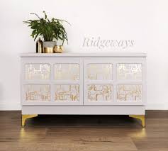 Danxee wood accent buffet sideboard serving storage cabinet with 3 drawers and decorative mirror entryway for bathroom kitchen dining console living room (gold) $179.90 $ 179. Nathan Sideboard Cupboard Gold Leaf And Retro Gold Stenciling White And Gold Conscious Cubby