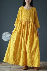 Women O Neck Linen Cotton Dress Inspiration Yellow Dress Summer Yellow Dress Summer Summer Dresses Cotton Dresses