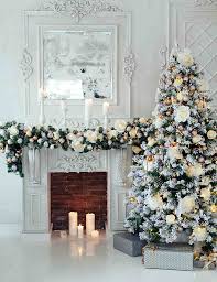 White Snow Cover Christmas Tree Aside Fireplace Backdrop For Holiday Photo White Christmas Tree Decorations Elegant Christmas Trees Christmas Tree And Fireplace