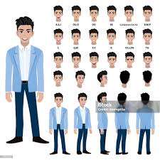 卡通人物與商人在適合動畫前側後34 視圖字元身體的單獨部分平面 ...