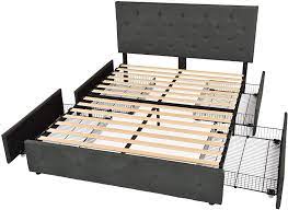 Allewie queen platform bed frame with 4 drawers and headboard/square stitched bu. Beds Frames Bases Dark Grey Allewie Queen Platform Bed Frame With 4 Drawers And Headboard Diamond Stitched Button Tufted Upholstered Mattress Foundation With Storage Beds