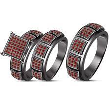 Men And Ladies Red Garnet 14k Black Gold Fn Trio Set Wedding Engagement Ring Black Wedding Rings Wedding Ring Trio Sets Wedding Rings