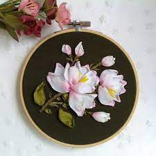 Modern Embroidery Hoop Art Pink Magnolia Flower Ribbon Embroidered Wall Decor Botanical Wall Hanging 3d Fra Ribbon Embroidery Kit Silk Ribbon Ribbon Embroidery