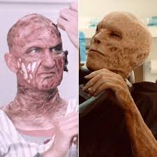 Robert Englund and Jackie Earle Haley getting their makeup done to play  their respective versions of Freddy Krueger.