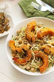 Maple Roasted Delicata Squash Chickpea Zucchini Pasta With Toasted Pumpkin Gremolata Breadcrumbs Inspiralized Recipe Spiralizer Recipes Delicata Squash Zucchini Pasta