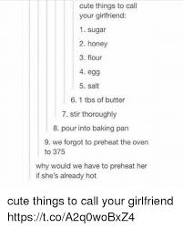 Let her know she is a special person in your life, and she deserves. Cute Things To Call Your Girlfriend 1 Sugar 2 Honey 3 Flour 4 Egg 5 Salt 6 1 Tbs Of Butter 7 Stir Thoroughly 8 Pour Into Baking Pan 9 We Forgot