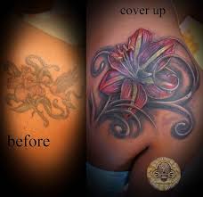 Rose colored cover up tattoo for ankle. Lily Cover Up Tattoo On Girl Right Back Shoulder