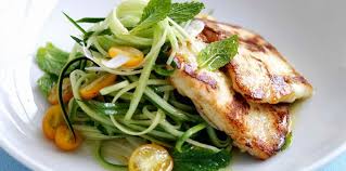 Escalope De Dinde Grillee Spaghettis De Concombre Et Tomates Cerises Jaunes Recettes Recette Dinde Grillee Spaghetti De Legumes Recette Escalope De Dinde