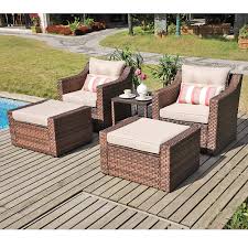 Patio chair and ottoman set. Sunsitt Outdoor Furniture Sofa Set 5 Piece Brown Wicker Lounge Chair Ottoman Set With Neutral Beige Cushions Side Table W Aluminum Top
