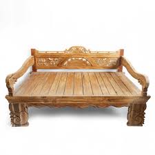 Large Balinese Carved Teak Daybed With Carved Back With Sunrise And Floral Design Distressed Salvaged Wood Furniture Boho Chic Interior Design Table Furniture