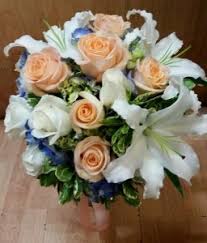 Shop silk wedding flowers by color at afloral. Royal Blue Peach And White Bridal Bouquet Hand Tied Bridal Bouquet In Tillamook Or Anderson Florist