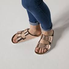 Birkenstock Arizona Washed Metallic Rose Gold Arizona Smooth Leather Soft Footbed Metallic Copper Socken Birkenstock
