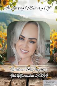 The death has occurred of Gillian McLoughlin, Slieve Road, Knockagh,  Hackballscross, Dundalk, Co. Louth. Monday, November 4th, peacefully  surrounded by her loving family at the Beaumont hospital Dublin.  Predeceased by her mother
