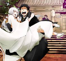 fuku-ro, houjou mamushi, shima juuzou, ao no exorcist, bad id, bad pixiv  id, 1girl, 2boys, black hair, bride, brodie helmet, carrying, combat  helmet, dress, helmet, japanese clothes, kimono, long hair, multiple boys,