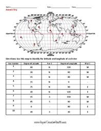 This worksheet features a world map with an answer key. Latitude And Longitude Worksheet Answer Key By Super Teacher Stuff