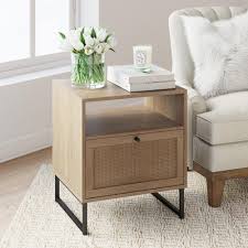 Finding a happy medium of what you should include on a nightstand depends on the person, but you want it to be a utility spot. Mina Natural Oak Wood Black Accent With Storage Living Room End Table Or Bedroom Nightstand Nathan James