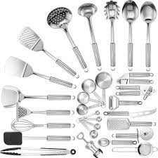 Discover kitchen accessories on amazon.com at a great price. Stainless Steel Kitchen Utensil Set 29 Cooking Utensils Set Spatula Garlic Press Cheese Knife Whisk Tongs Pizza Cutter Grater Strainer Can Opener And More Nonstick Cookware Set Buy Online