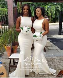 Sexy Plus Size Mermaid African Bridesmaids Dresses 2019 Cheap Simple Long Satin Country Beach Wedding Guest Gowns Maid Of Honors Prom Gowns