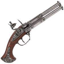 These revolvers are far more superior to any other automatic pistol which are rendered useless when they jam or misfire. Double Barrel Revolving Wood Grip Flintlock Pistol