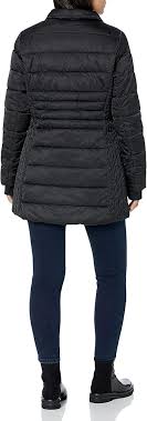 HFX Women's 3/4 Midweight Puffer Jacket Front Button Off Faux Fur Trimmed  Hood Zippered Chest Pocket Water Resistant 31" Coat, Black, Large :  Clothing, Shoes & Jewelry