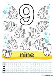 Number 9 coloring page to color, print or download. Coloring Printable Worksheet For Kindergarten And Preschool We Train To Write Numbers Math Exercise Bright Figures On A Marine Background Number 9 And Tropical Fishes Buy This Stock Photo And Explore
