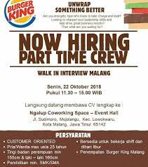 Lowongan kerja jakarta, bekasi, karawang, dan sekitarnya. Walk In Interview Part Time Burger King Kota Malang Dibacaonline