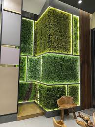 Green Wall Showroom Staircase Aeconsite Interiors Greenery Grass Ambience Lighting Mockup Dis Green Interior Design Green Wall Design Wall Lighting Design