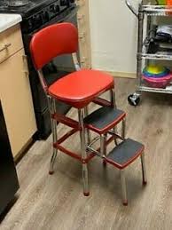 Vintage kitchen step stool seat metal black chrome folding retro. Kitchen Folding Step Stool Chair Counter Height Seat 3 Tier Retro Padded Red 719574741171 Ebay
