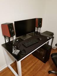 New Desk And Speaker Stands Made A Big Difference Speaker Stands Desk Desk Speaker Stands