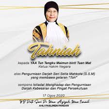 Tengku maimun diumumkan sebagai ketua mahkamah agung malaysia yang baru , menggantikan richard malanjum yang pensiun pada 12 april 2019, dalam pernyataan yang dikeluarkan oleh departemen perdana menteri pada 2 mei 2019. Dr Wan Azizah Ismail Na Twitteri Tahniah Diucapkan Kepada Yaa Tun Tengku Maimun Binti Tuan Mat Ketua Hakim Negara Womenempowerment