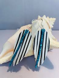 Black and White Striped Feather Fringe Earrings With Sequin Embellishment