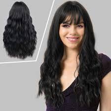 Piecey bangs are especially graceful and flattering on large foreheads, says ghanima abdullah, hair stylist for therighthairstyles.com, who points to halle berry as a great. Amazon Com Akkya Long Black Wigs With Bangs For Women Wavy Heat Resistant Synthetic Curly Hair Weave Cosplay Halloween Party Wig Beauty
