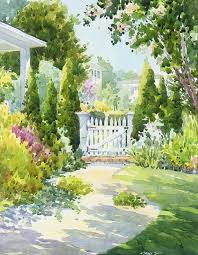 Lovely Garden With A White Gate Watercolor Painting By David Csont Watercolor Design Designer Designs Peinture De Jardin Peinture Paysage Paysage Aquarelle