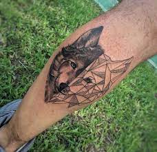 geometric wolf on calf by jean alvarez geometric wolf tattoo geometric tattoo geometry tattoo