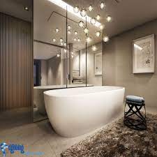 The master bath holds a 1960s chandelier, a 1950s american table, and a saarinen armchair. Lighting Ideas Bathroom Lighting Design Bathroom Mirror Design Bathroom Lighting
