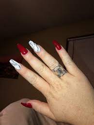 All glam red and white nail art. Long Acrylic Coffin Nails Red Acrylic Nails Red Matte Nails Pink Gel Nails Designs